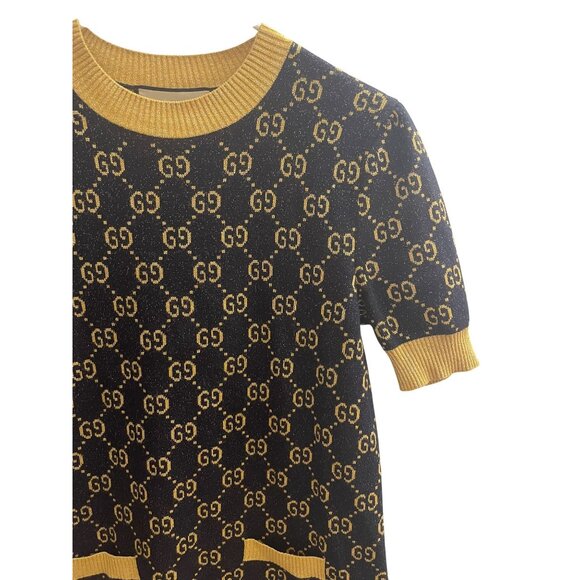 Gucci Womens Black & Gold GG Monogram Knit Short-Sleeve Dress With Pocket Detail - Picture 7 of 16